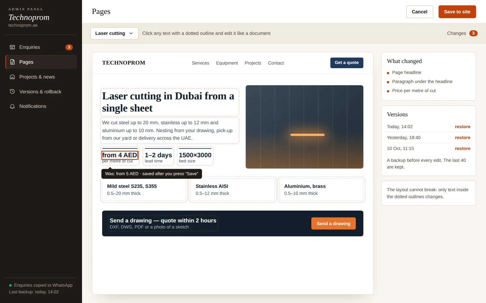 Admin panel: editing text and price right on the page, versions for rollback