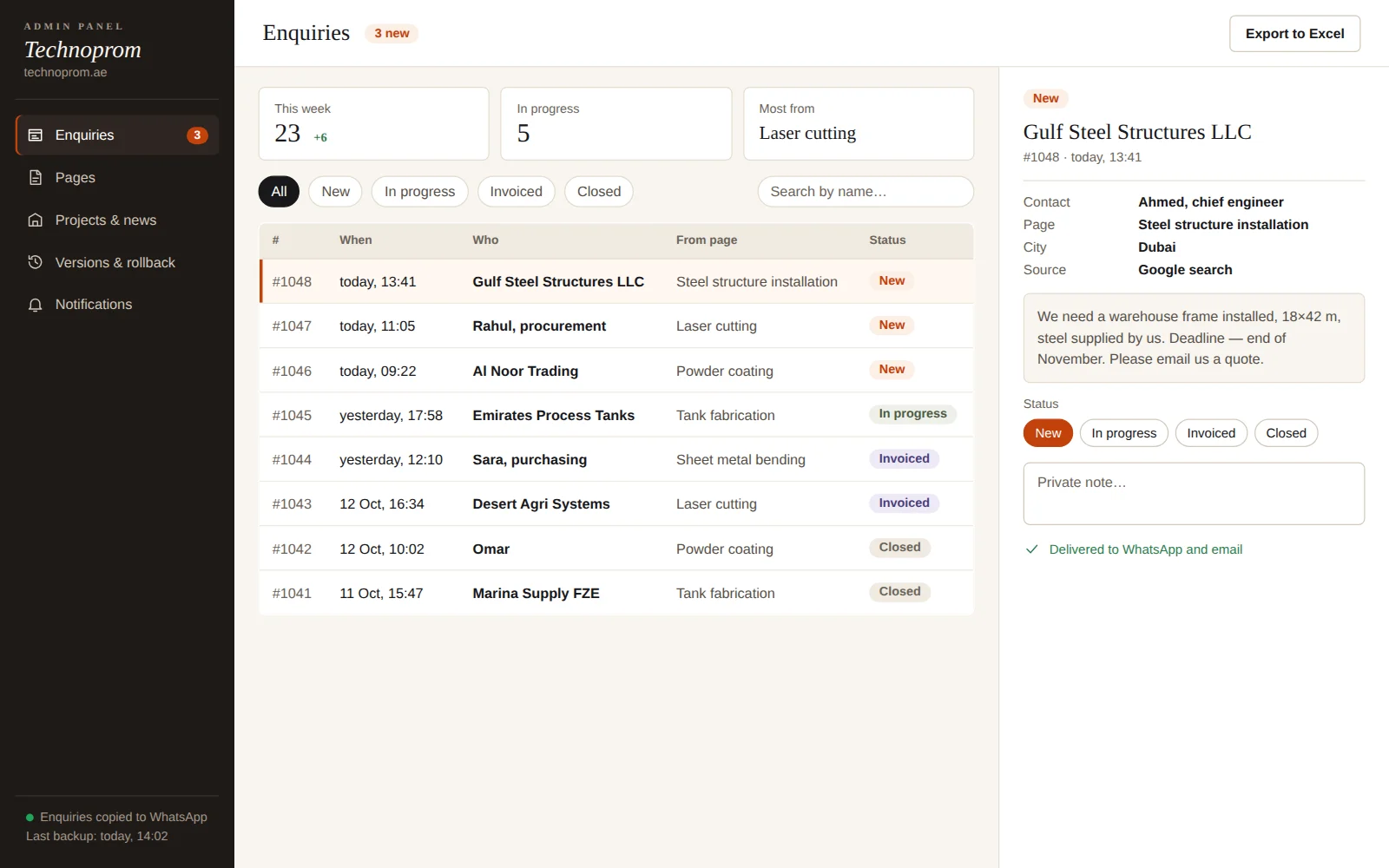 Admin panel: list of enquiries with statuses and an enquiry card