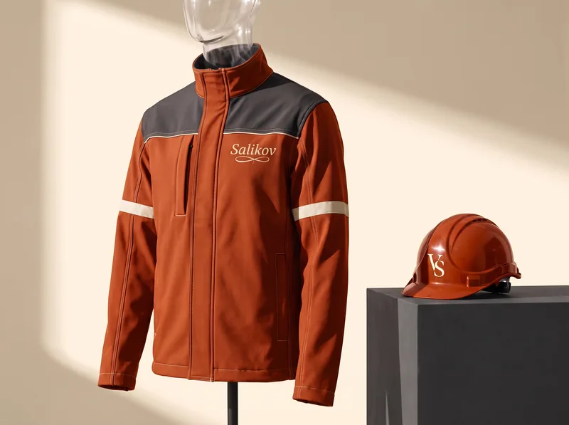 Workwear design: jacket and hard hat in brand colours